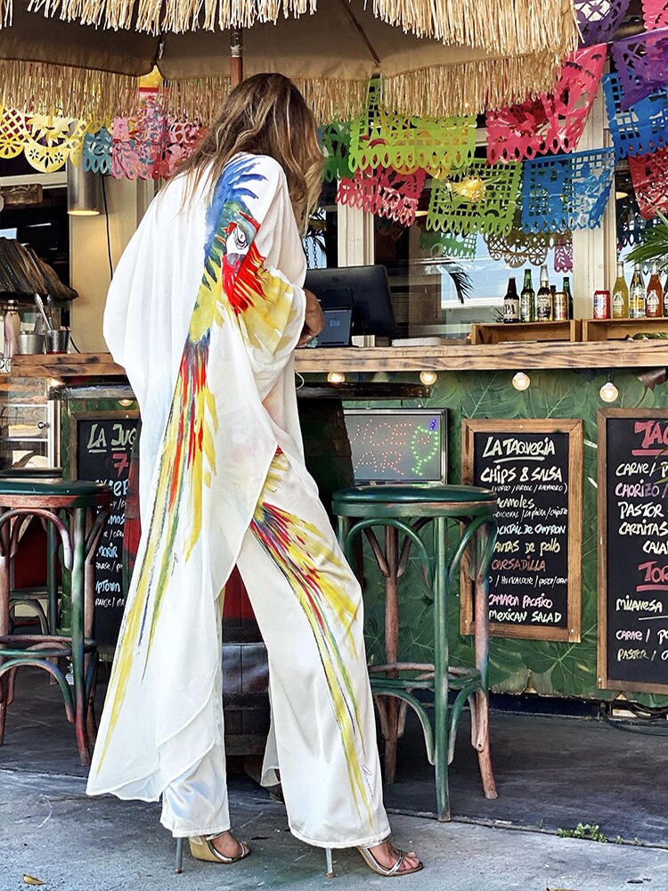 Cover-ups Beach Kimono Green Print Floral Chiffon Boho Tunic For Beach Swimsuit Cover Up Kaftan Over Size Beachwear Pareo