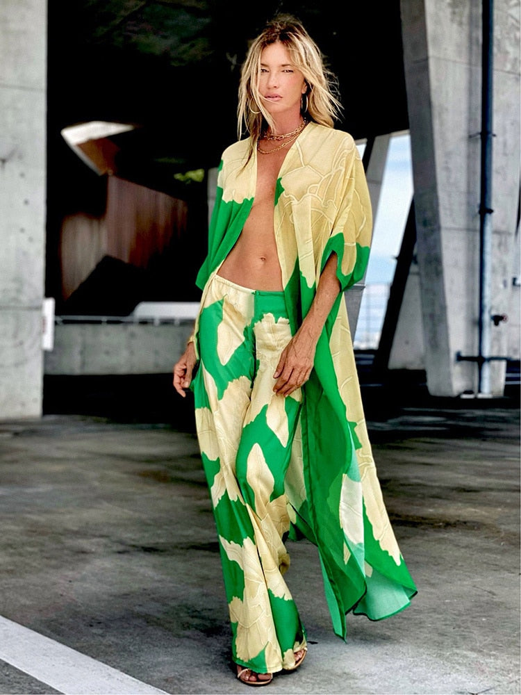 Cover-ups Beach Kimono Green Print Floral Chiffon Boho Tunic For Beach Swimsuit Cover Up Kaftan Over Size Beachwear Pareo