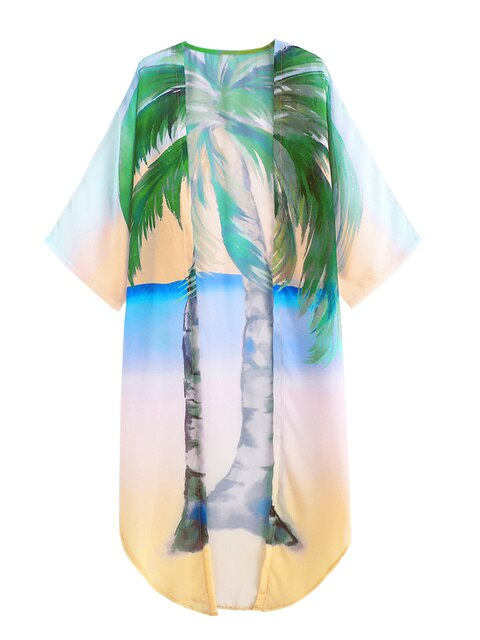 Cover-ups Beach Kimono Green Print Floral Chiffon Boho Tunic For Beach Swimsuit Cover Up Kaftan Over Size Beachwear Pareo Coconut Tops