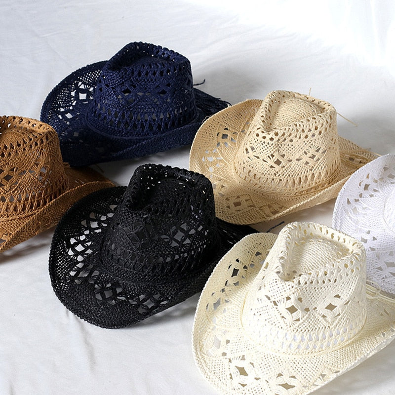 Cowboy hat fashion hollow handmade cowboy straw hat men's summer outdoor travel beach hat unisex solid color western cowboy hat AMAIO
