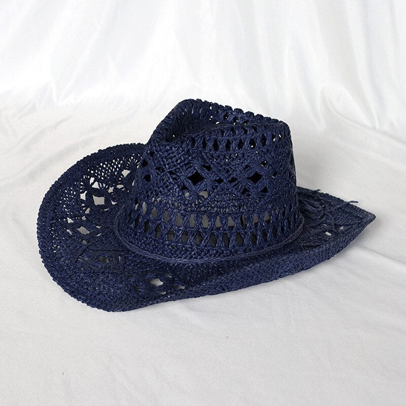 Cowboy hat fashion hollow handmade cowboy straw hat men's summer outdoor travel beach hat unisex solid color western cowboy hat AMAIO