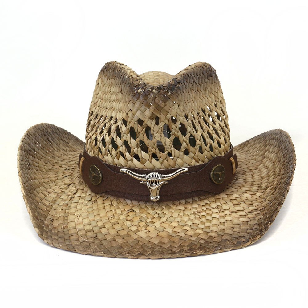 Cowboy hat fashion hollow handmade cowboy straw hat men's summer outdoor travel beach hat unisex solid color western cowboy hat AMAIO