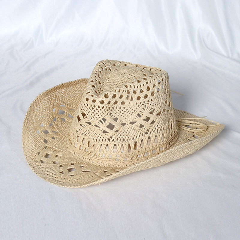 Cowboy hat fashion hollow handmade cowboy straw hat men's summer outdoor travel beach hat unisex solid color western cowboy hat AMAIO