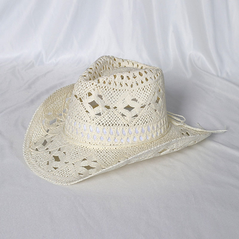 Cowboy hat fashion hollow handmade cowboy straw hat men's summer outdoor travel beach hat unisex solid color western cowboy hat AMAIO