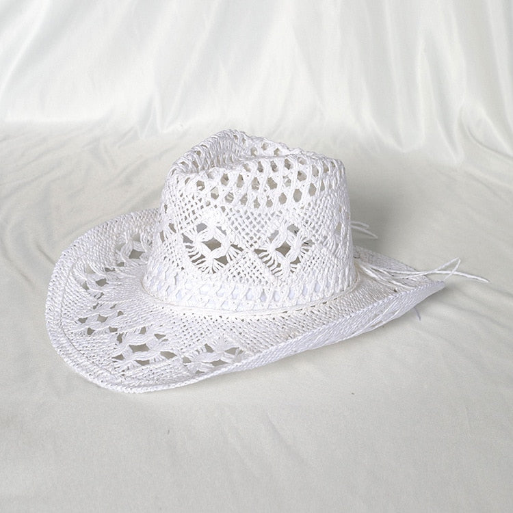 Cowboy hat fashion hollow handmade cowboy straw hat men's summer outdoor travel beach hat unisex solid color western cowboy hat AMAIO