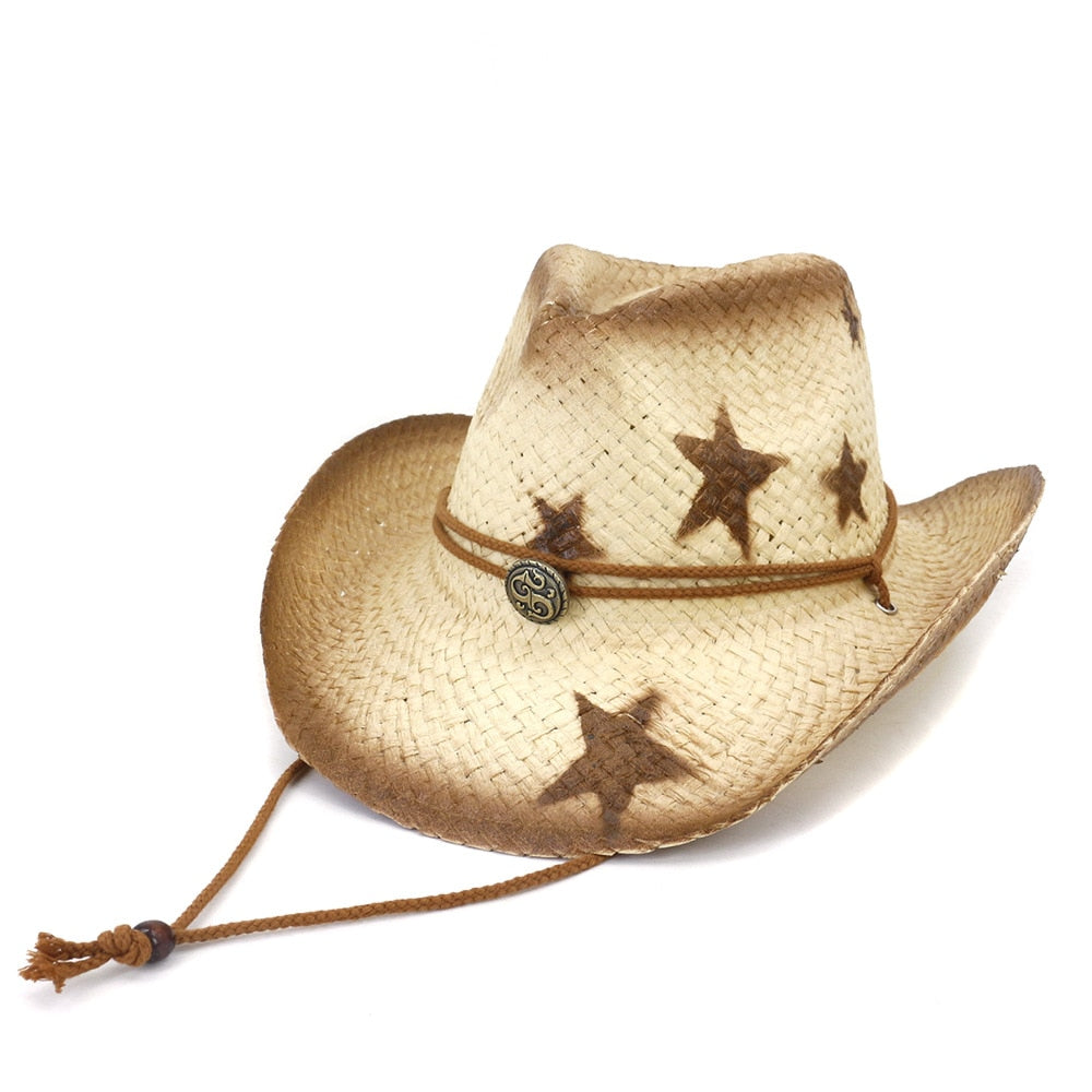 Cowboy hat fashion hollow handmade cowboy straw hat men's summer outdoor travel beach hat unisex solid color western cowboy hat AMAIO