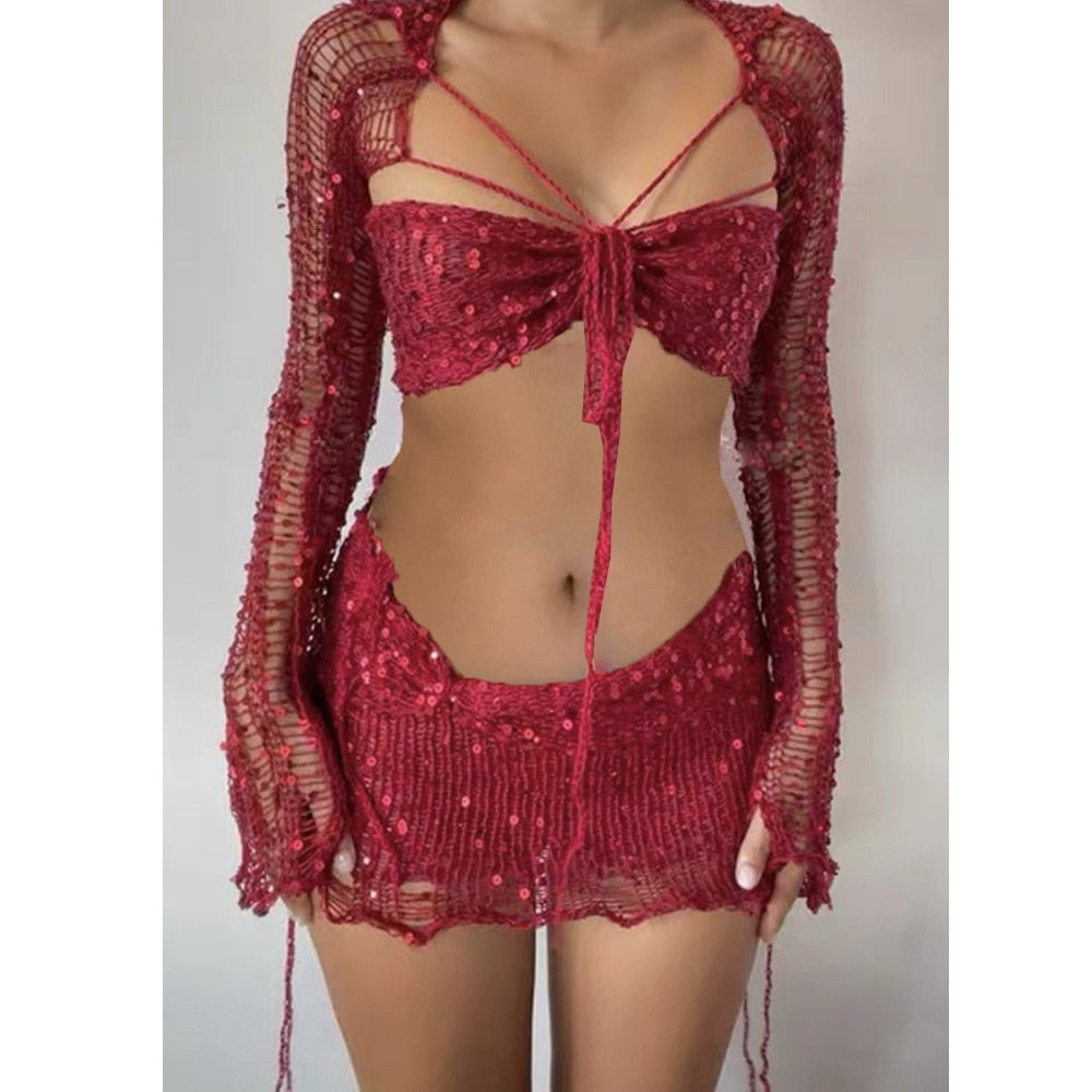 Crochet Knitted Dress Two Piece Skirt Sets 2024 Summer Women Clothes Sexy Crop Tops Elegant Knit Sequin Dress 2 Piece Set Outfit