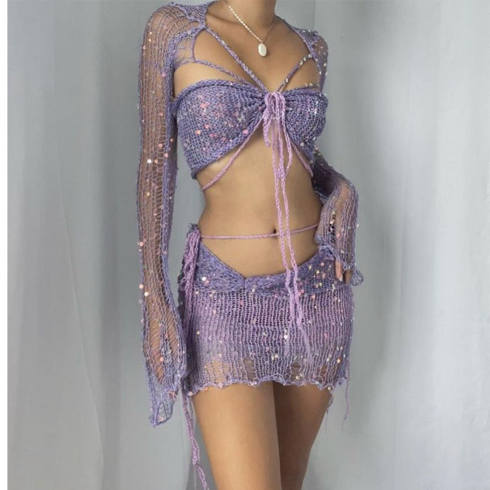 Crochet Knitted Dress Two Piece Skirt Sets 2024 Summer Women Clothes Sexy Crop Tops Elegant Knit Sequin Dress 2 Piece Set Outfit Purple