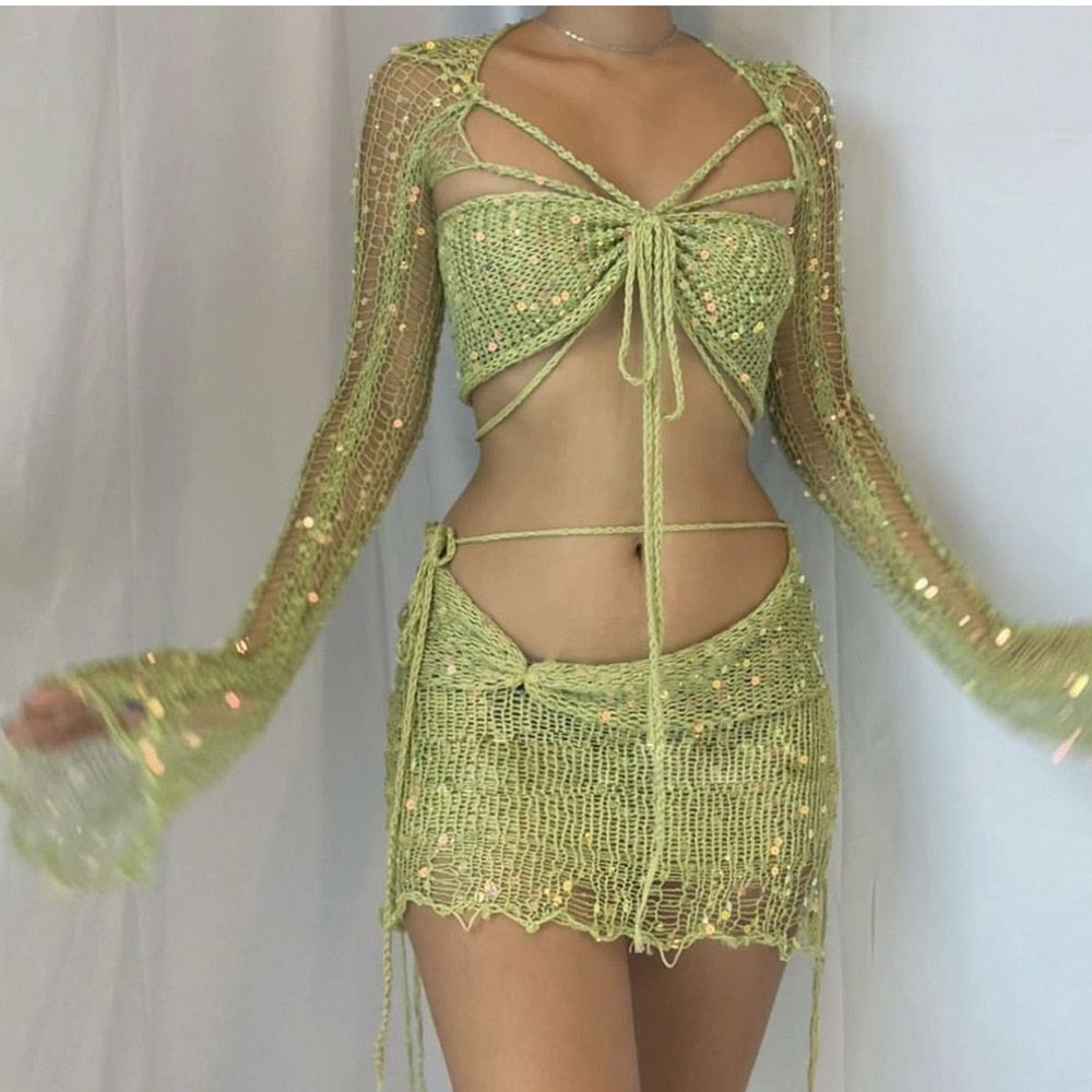 Crochet Knitted Dress Two Piece Skirt Sets 2024 Summer Women Clothes Sexy Crop Tops Elegant Knit Sequin Dress 2 Piece Set Outfit Green