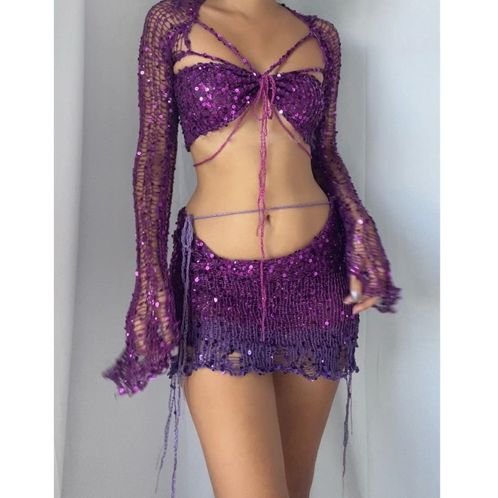 Crochet Knitted Dress Two Piece Skirt Sets 2024 Summer Women Clothes Sexy Crop Tops Elegant Knit Sequin Dress 2 Piece Set Outfit Dark Purple