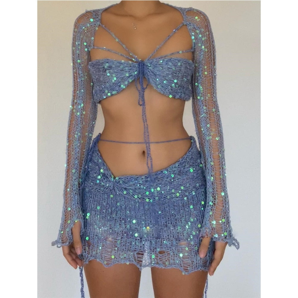 Crochet Knitted Dress Two Piece Skirt Sets 2024 Summer Women Clothes Sexy Crop Tops Elegant Knit Sequin Dress 2 Piece Set Outfit Blue