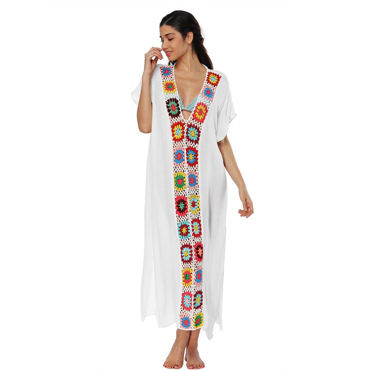 Crochet Swim Cover Up for Bathing Suit Maxi Beach Dress Designer Long Knitted Summer National Bath Outlet 7 Color White M