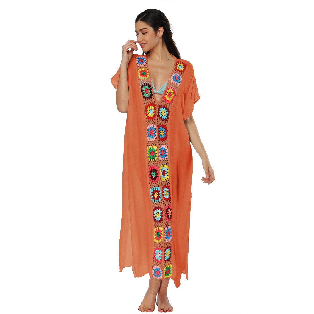 Crochet Swim Cover Up for Bathing Suit Maxi Beach Dress Designer Long Knitted Summer National Bath Outlet 7 Color Orange M