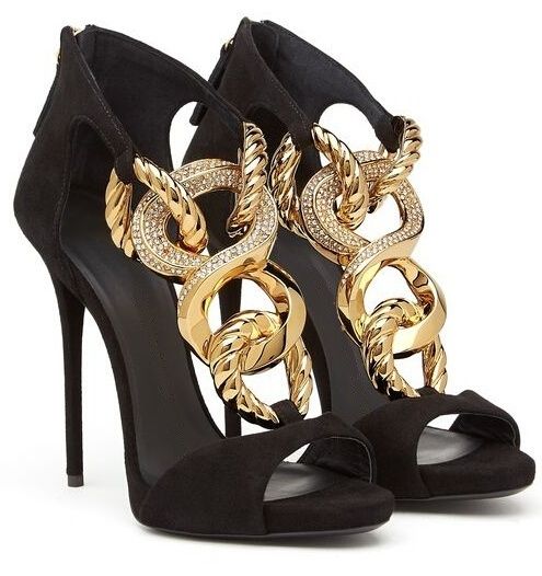 Cross Golden Chain Sandals Brand Design High Heel Sandalias Mujer Gladiator Black Suede Sandal Women Peep Toe Summer Shoes Black