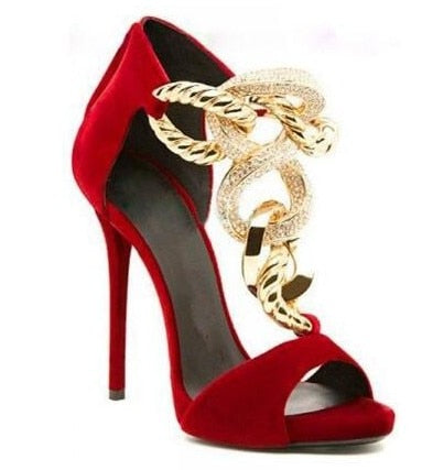Cross Golden Chain Sandals Brand Design High Heel Sandalias Mujer Gladiator Black Suede Sandal Women Peep Toe Summer Shoes Red