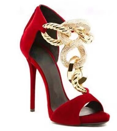 Cross Golden Chain Sandals Brand Design High Heel Sandalias Mujer Gladiator Black Suede Sandal Women Peep Toe Summer Shoes