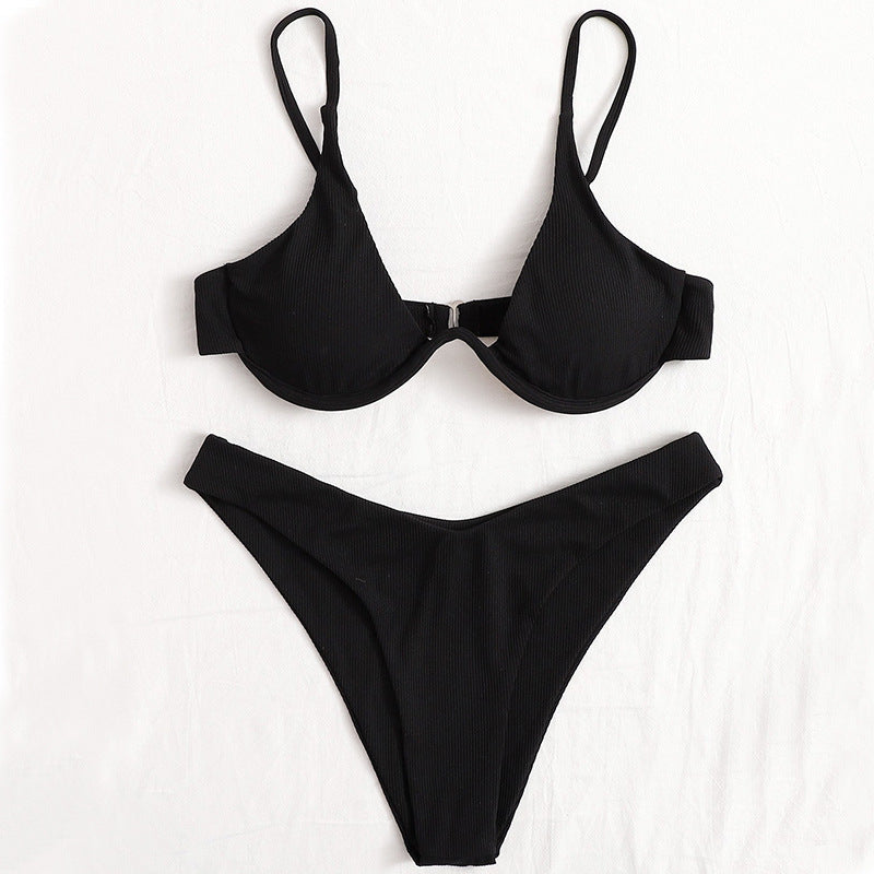 Cross-border Solid Color Sexy Split Bikini Swimsuit Women Black