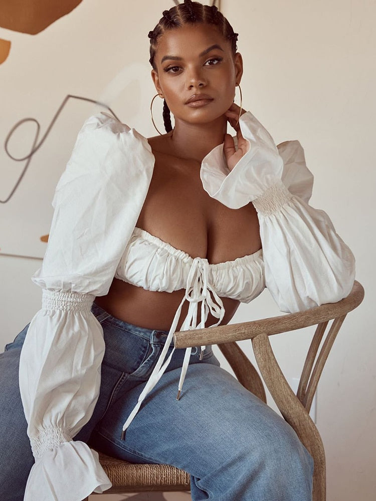 Cryptographic Shirred White Puff Sleeve Tie Front Top Women Blouse Shirts Elegant Hot Sexy Backless Crop Tops Fashion Blusas