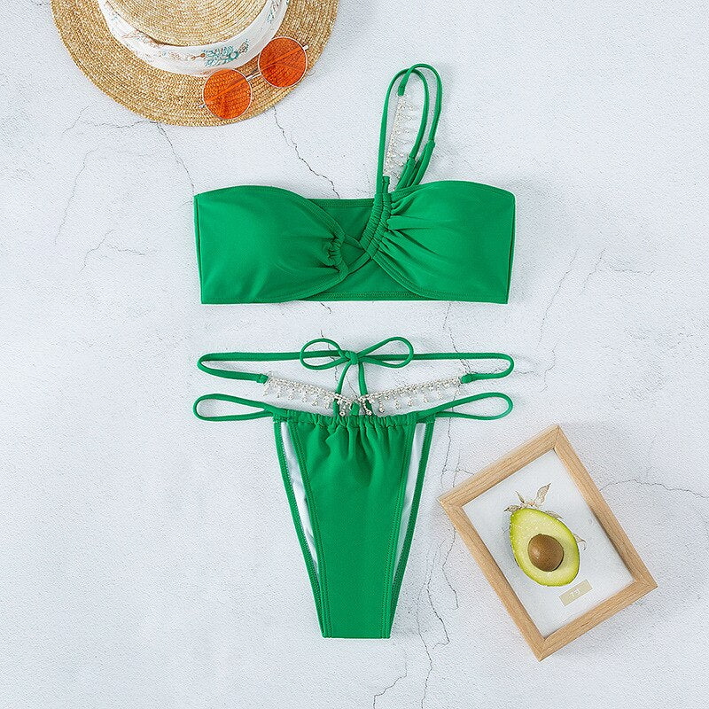 Crystal Diamond Bandeau Bikini Sexy Gathered Single Shoulder Women's Swimsuit 2024 New Straps Bandage Swimwear Green