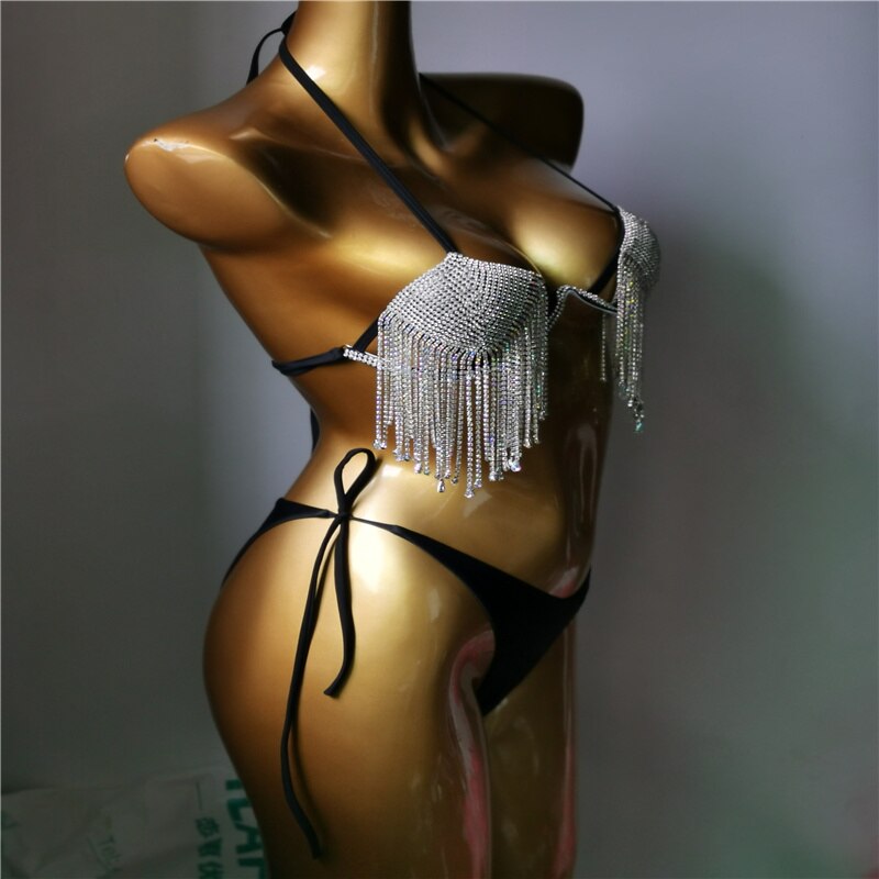 Crystal Diamond Bikini Sexy Gathered Push Up Women's Triangle Swimsuit High-End Luxury Rhinestone Tassel Swimwear Biquini