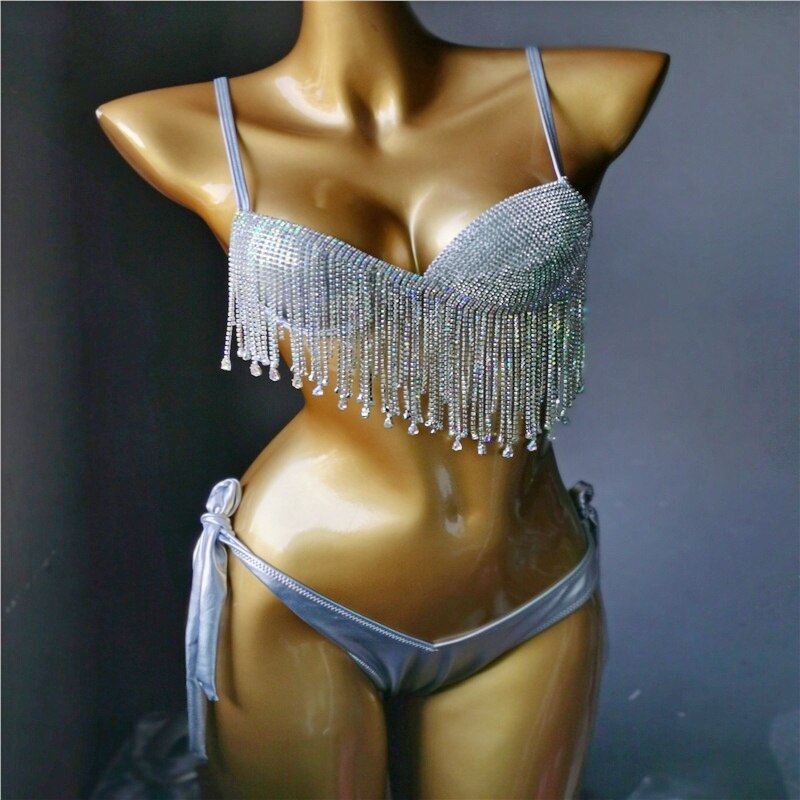 Crystal Diamond Bikinis Sexy Push Up Women Swimsuit Luxury Rhinestone Tassels Swimwear High-end Bathing Suit Silver