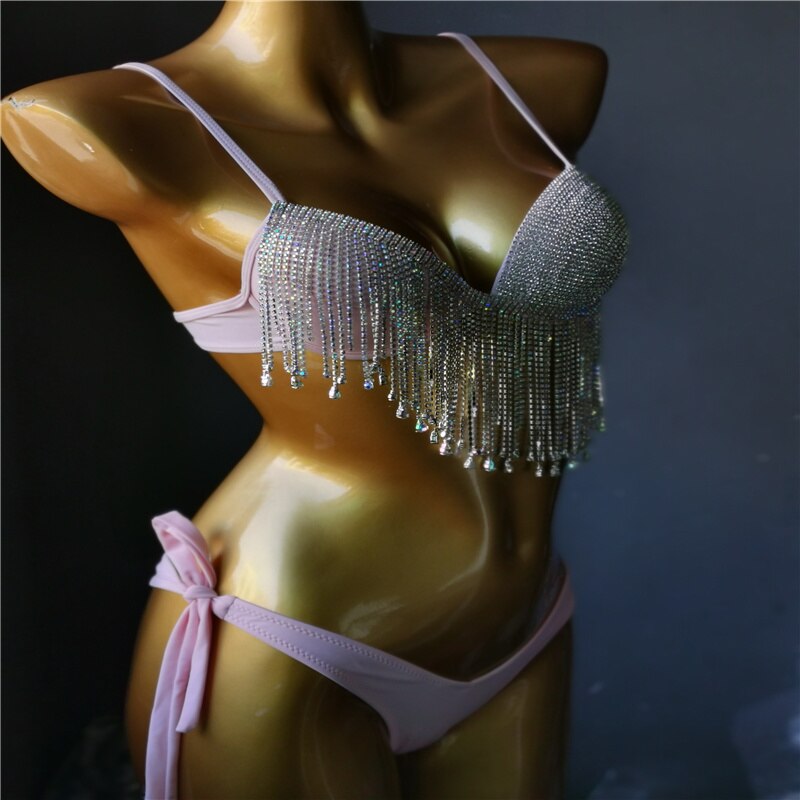 Crystal Diamond Bikinis Sexy Push Up Women Swimsuit Luxury Rhinestone Tassels Swimwear High-end Bathing Suit