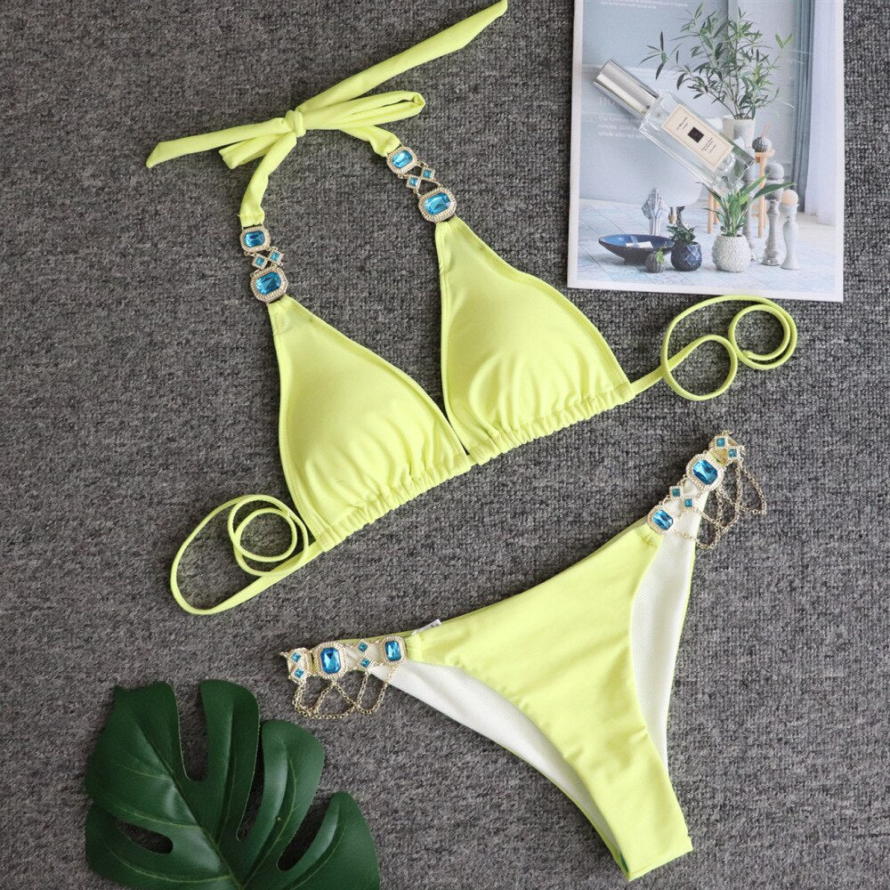 Crystal Diamond Sexy Triangle Bikini Luxury Rhinestone Women' Swimsuit Jewelry Strappy Halter Swimwear Yellow