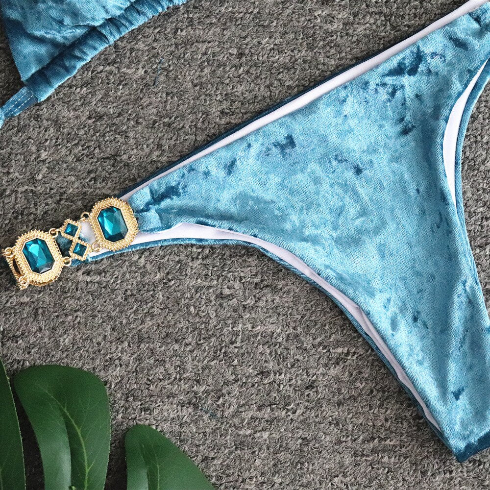 Crystal Diamond Triangle Bikini Luxury Rhinestone Women's Swimsuit Sexy Velvet Beach Swimwear