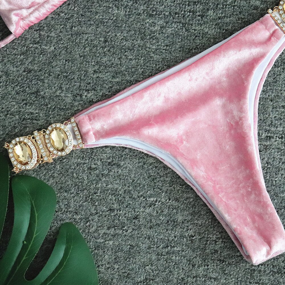 Crystal Diamond Triangle Bikini Luxury Rhinestone Women's Swimsuit Sexy Velvet Beach Swimwear