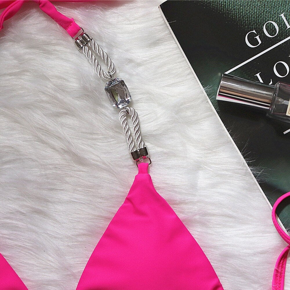 Crystal Diamond Triangle Bikini Luxury Rhinestone Women's Swimwear Sexy Straps Gathered Swimsuit