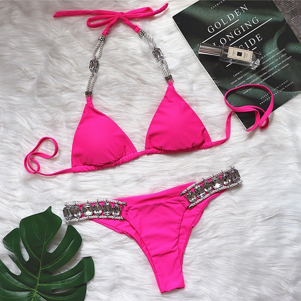 Crystal Diamond Triangle Bikini Luxury Rhinestone Women's Swimwear Sexy Straps Gathered Swimsuit Rose red