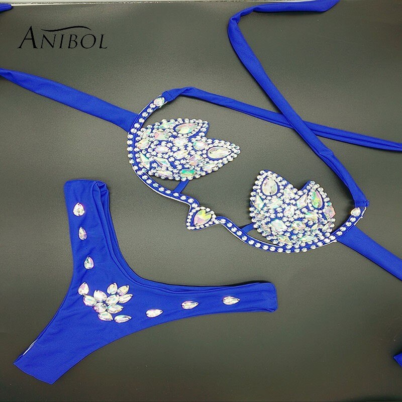 Crystal Diamond Triangle Bikini Pushh Up Sexy Women's Swimsuit Luxury Rhinestone Bathing Suit Brazilian Micro Swimwear Blue