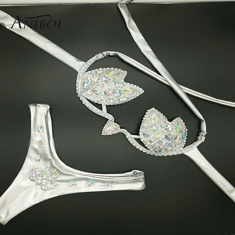 Crystal Diamond Triangle Bikini Pushh Up Sexy Women's Swimsuit Luxury Rhinestone Bathing Suit Brazilian Micro Swimwear Silver