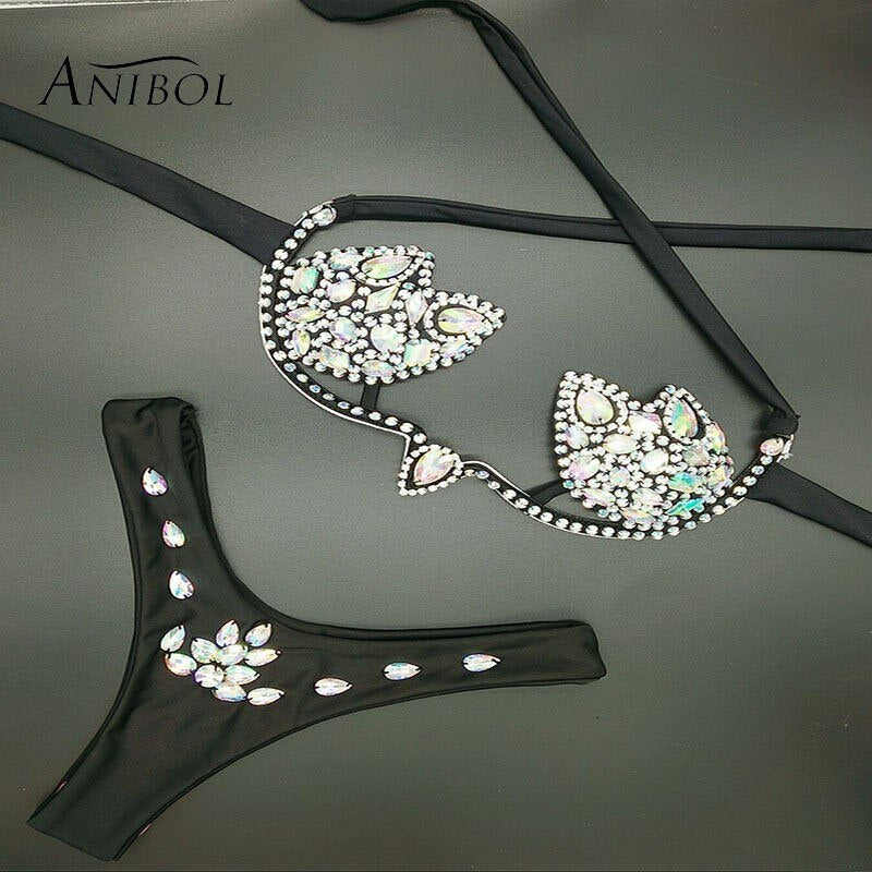 Crystal Diamond Triangle Bikini Pushh Up Sexy Women's Swimsuit Luxury Rhinestone Bathing Suit Brazilian Micro Swimwear Black