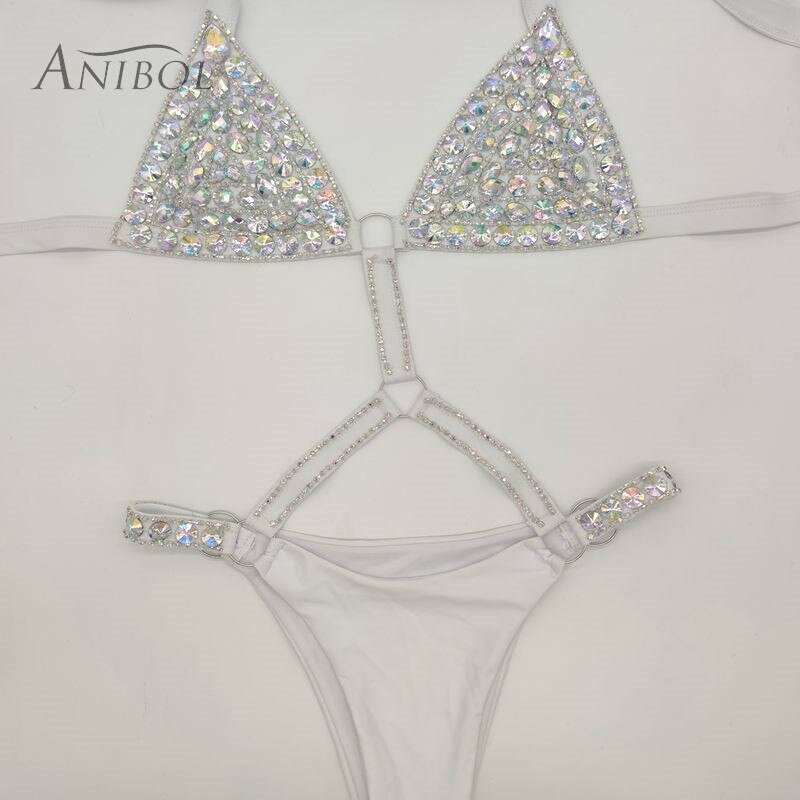 Crystal Diamond Triangle Bikini Sexy Bandage Push Up Women's Swimsuit Luxury Rhinestone Gathered Swimwear White