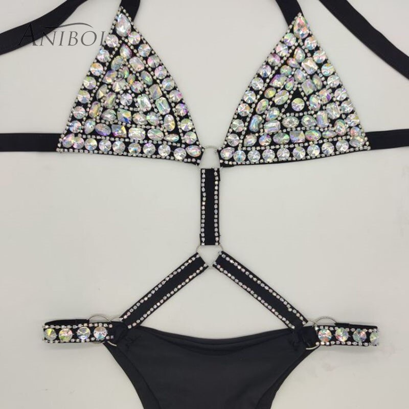Crystal Diamond Triangle Bikini Sexy Bandage Push Up Women's Swimsuit Luxury Rhinestone Gathered Swimwear Black