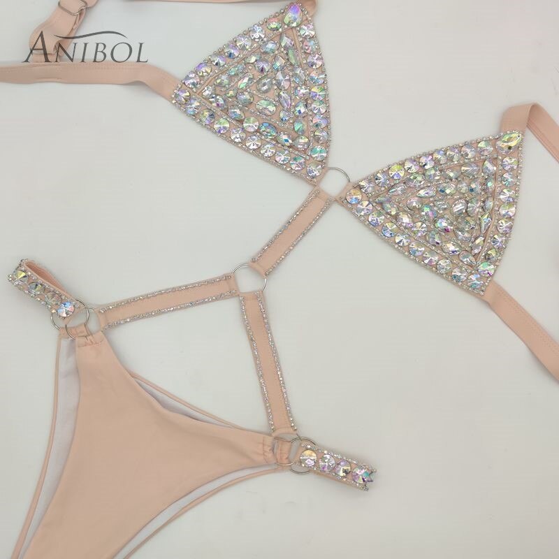 Crystal Diamond Triangle Bikini Sexy Bandage Push Up Women's Swimsuit Luxury Rhinestone Gathered Swimwear Pink