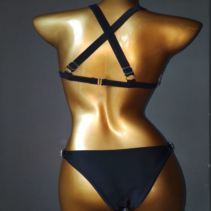 Crystal Diamond Triangle Bikini Sexy Bandage Push Up Women's Swimsuit Luxury Rhinestone Gathered Swimwear