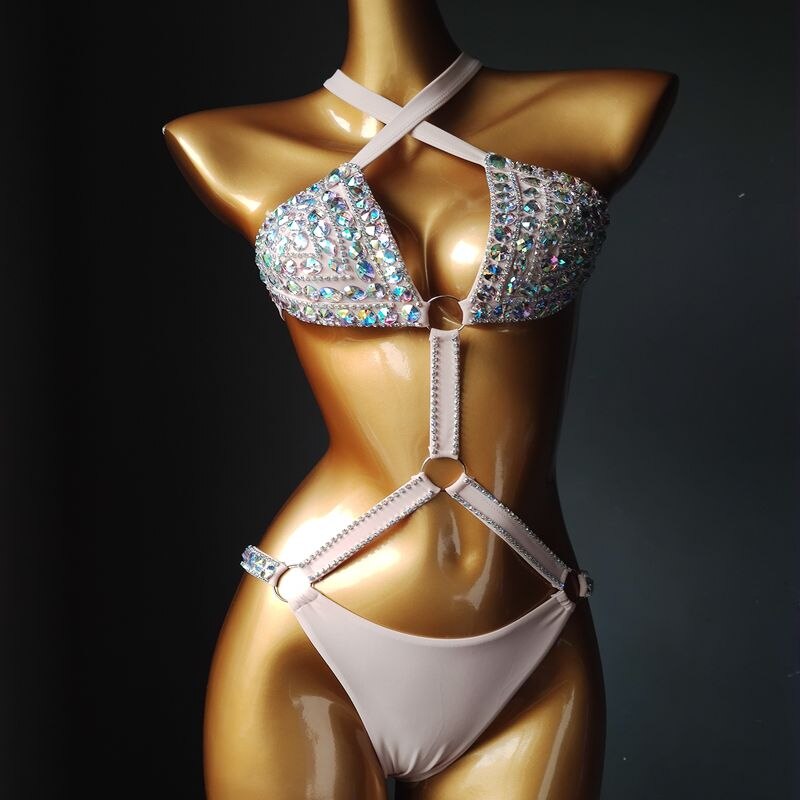 Crystal Diamond Triangle Bikini Sexy Bandage Push Up Women's Swimsuit Luxury Rhinestone Gathered Swimwear