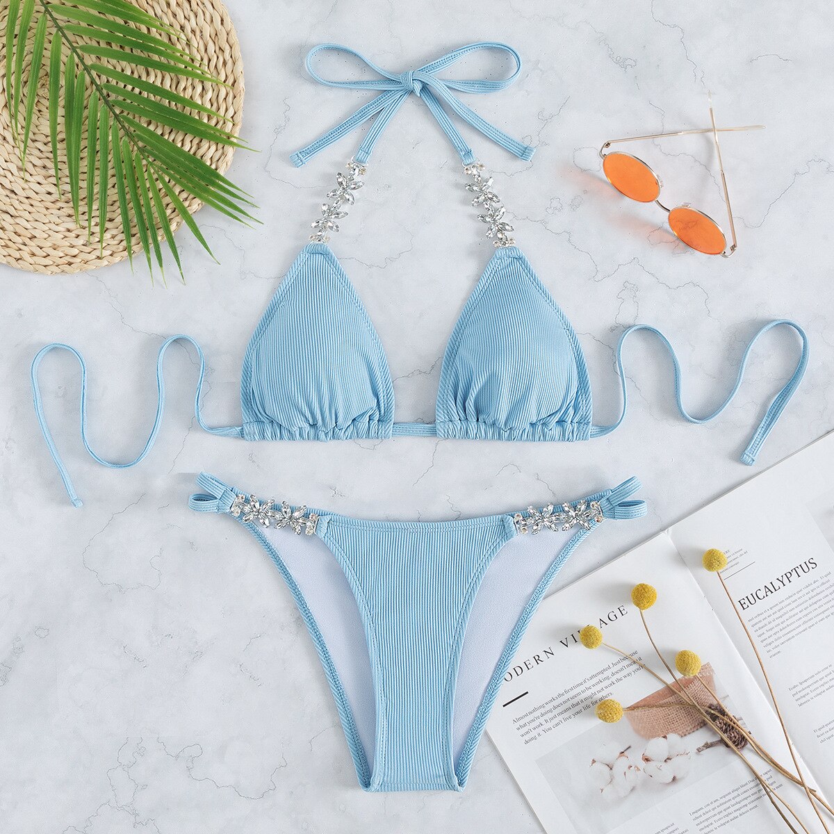 Crystal Diamond Triangle Bikini Sexy Straps Lace-Up Women's Swimsuit Summer Beach Wear Sky Blue Pitted Swimwear Sky Blue