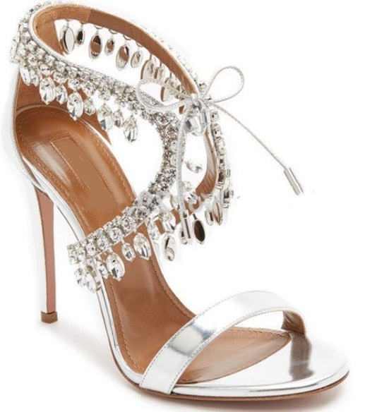 Crystal Tassel Sandals Strap Suede Women Summer Shoes Cross Diamond Stiletto Mujer Party 8cm and 10cm Pumps Big Size Euro 42 10cm heel 6