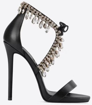 Crystal Tassel Sandals Strap Suede Women Summer Shoes Cross Diamond Stiletto Mujer Party 8cm and 10cm Pumps Big Size Euro 42