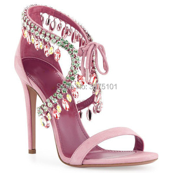 Crystal Tassel Sandals Strap Suede Women Summer Shoes Cross Diamond Stiletto Mujer Party 8cm and 10cm Pumps Big Size Euro 42 10cm heel 5
