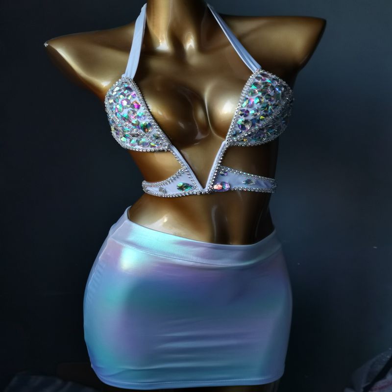 Customized Luxury Rhinestone Dress Crystal Diamond Nightclub Bikini Split Skirt Suit White