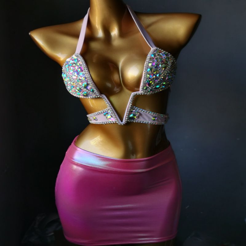 Customized Luxury Rhinestone Dress Crystal Diamond Nightclub Bikini Split Skirt Suit Pink