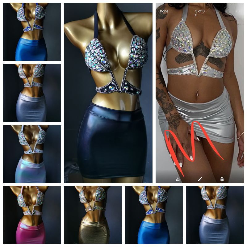 Customized Luxury Rhinestone Dress Crystal Diamond Nightclub Bikini Split Skirt Suit