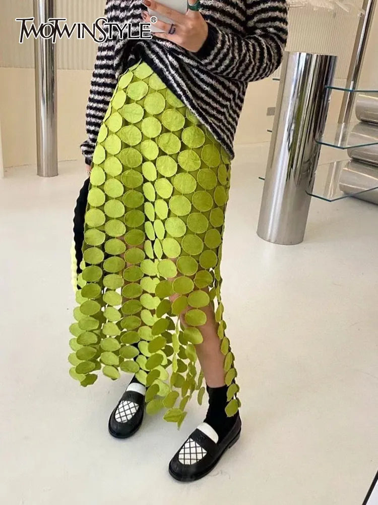 Cut Out Skirt For Women High Waist Patchwork Tassel Irregular Hem Solid Midi Skirts Female Summer Clothing Style