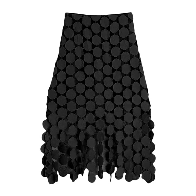 Cut Out Skirt For Women High Waist Patchwork Tassel Irregular Hem Solid Midi Skirts Female Summer Clothing Style black