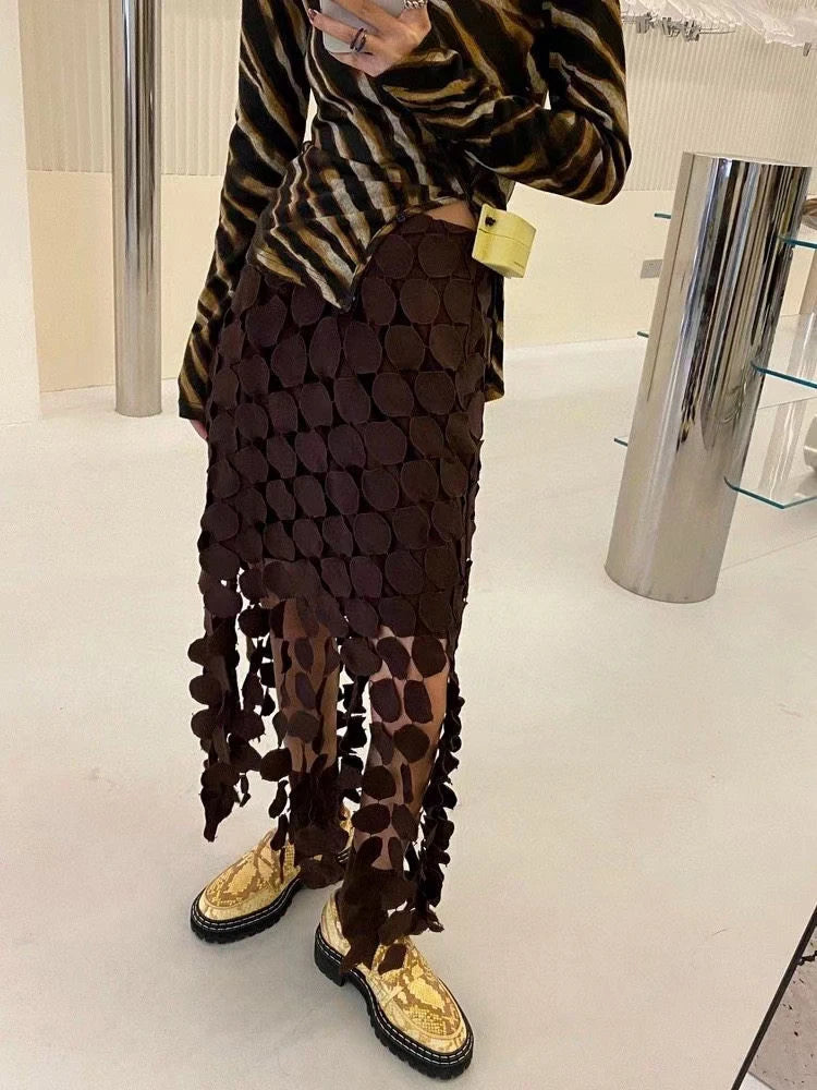 Cut Out Skirt For Women High Waist Patchwork Tassel Irregular Hem Solid Midi Skirts Female Summer Clothing Style