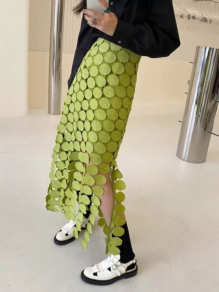 Cut Out Skirt For Women High Waist Patchwork Tassel Irregular Hem Solid Midi Skirts Female Summer Clothing Style